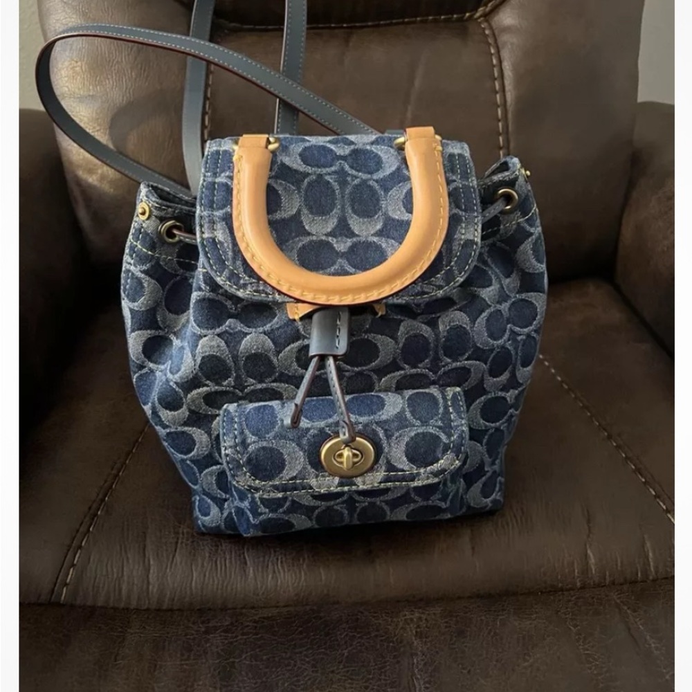 Coach Blue and Tan Signature Backpack with Gold Hardware